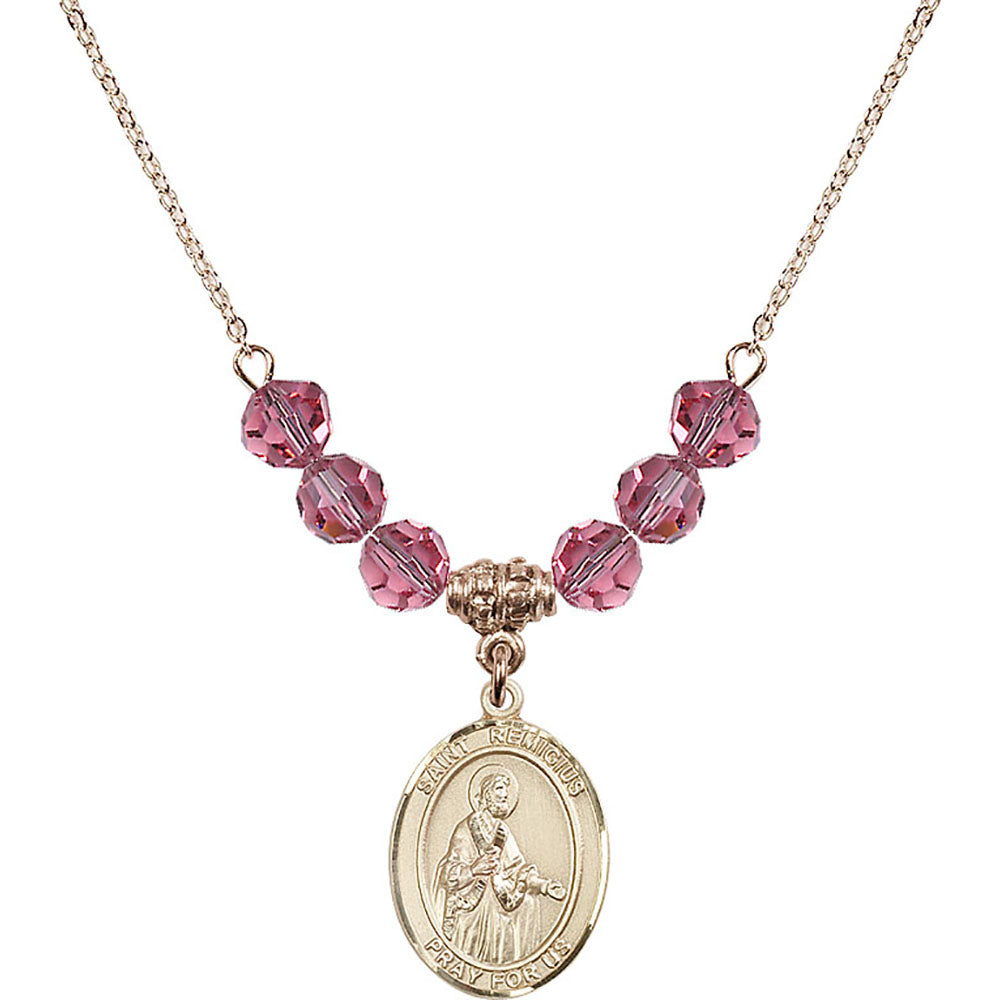 14kt Gold Filled Saint Remigius of Reims Birthstone Necklace with Rose Beads - 8274