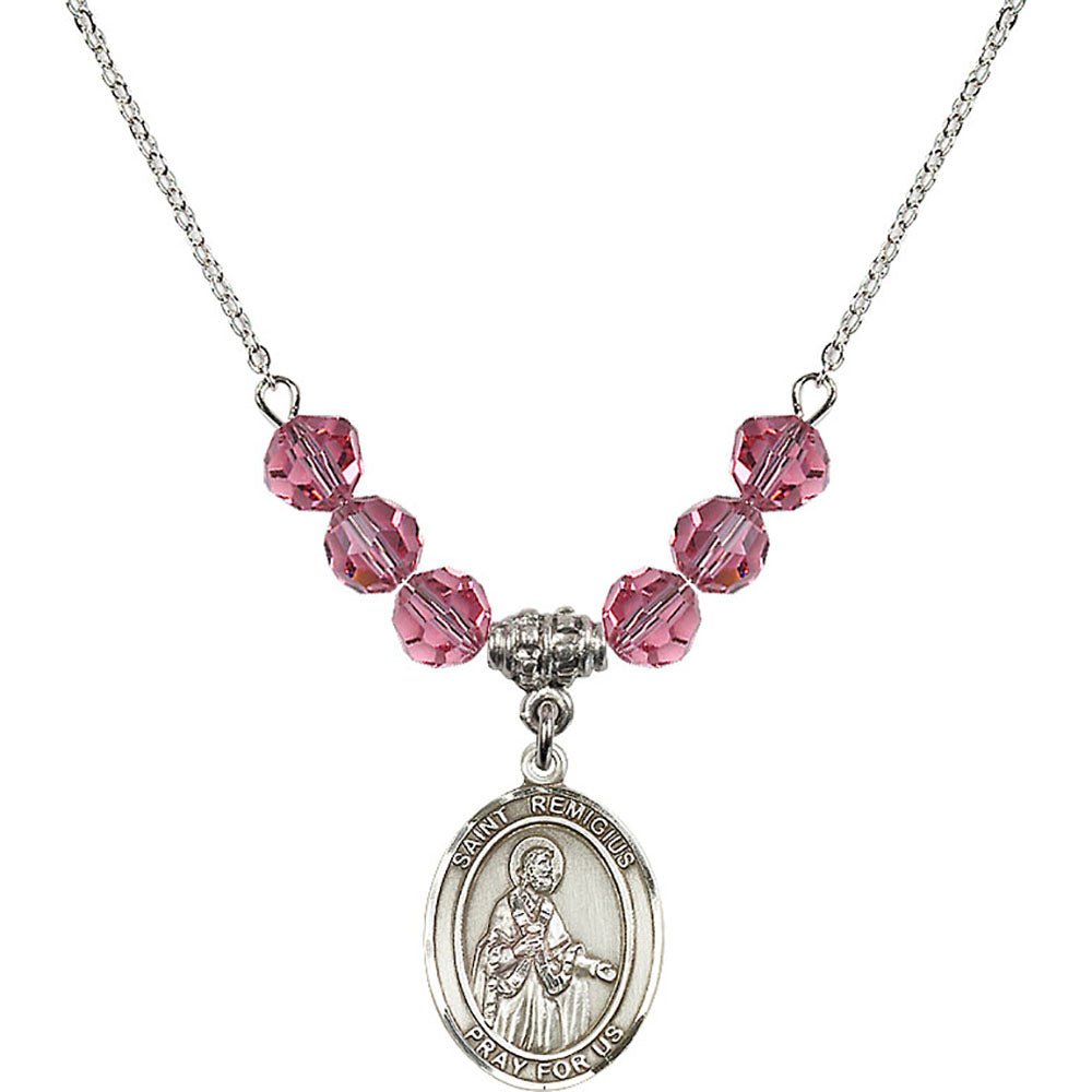 Sterling Silver Saint Remigius of Reims Birthstone Necklace with Rose Beads - 8274