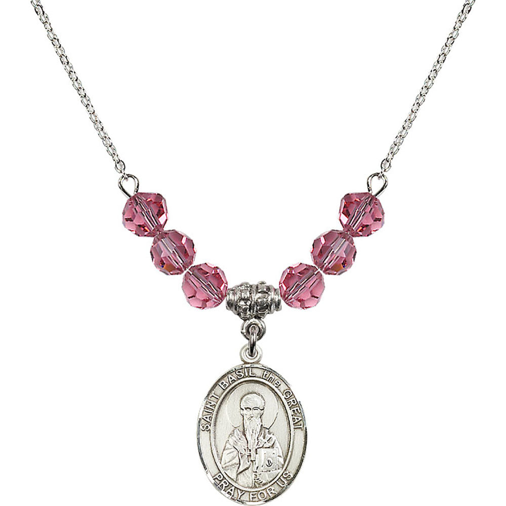 Sterling Silver Saint Basil the Great Birthstone Necklace with Rose Beads - 8275