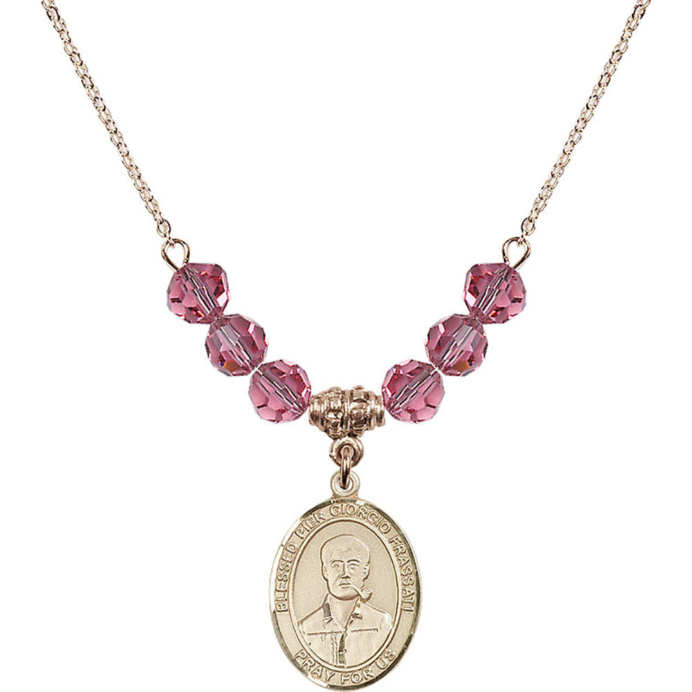14kt Gold Filled Blessed Pier Giorgio Frassati Birthstone Necklace with Rose Beads - 8278