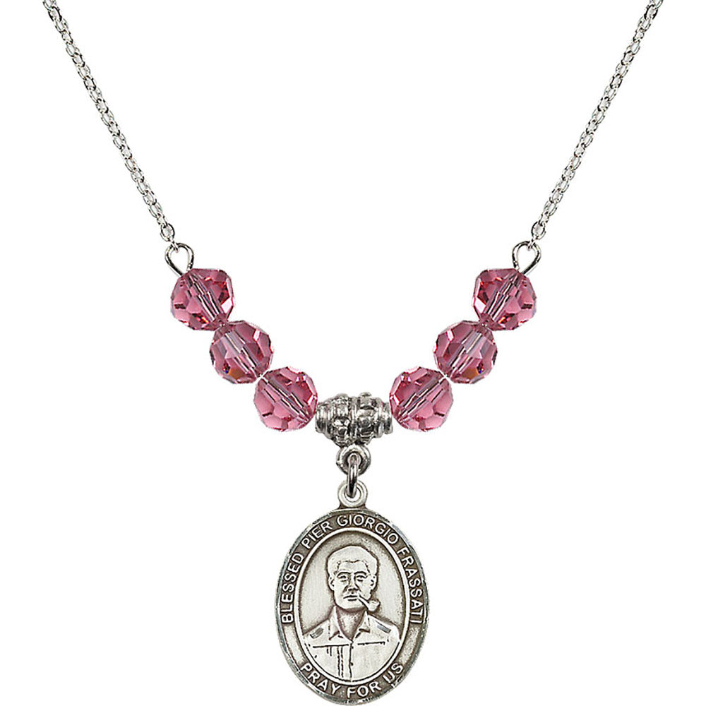 Sterling Silver Blessed Pier Giorgio Frassati Birthstone Necklace with Rose Beads - 8278