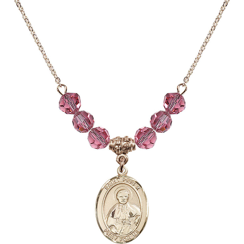 14kt Gold Filled Saint Pius X Birthstone Necklace with Rose Beads - 8305