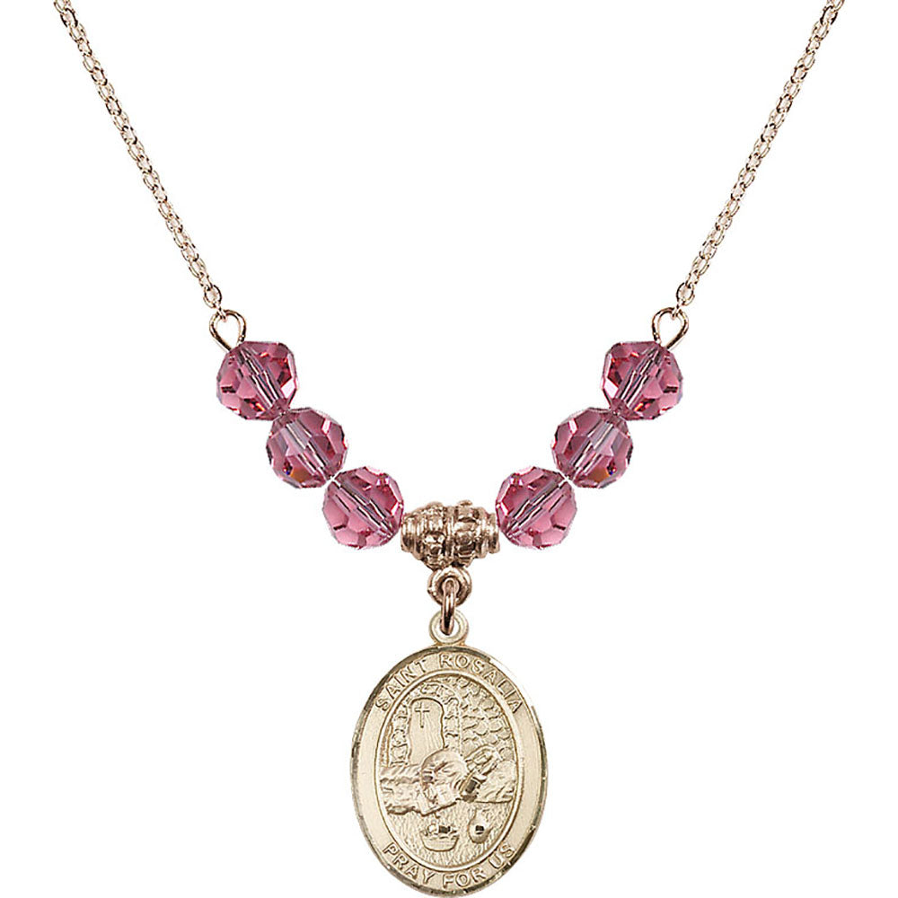 14kt Gold Filled Saint Rosalia Birthstone Necklace with Rose Beads - 8309