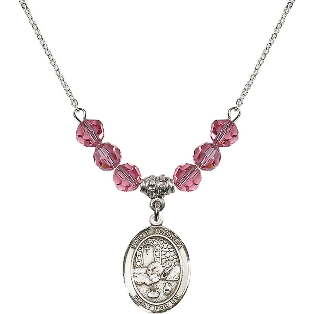 Sterling Silver Saint Rosalia Birthstone Necklace with Rose Beads - 8309
