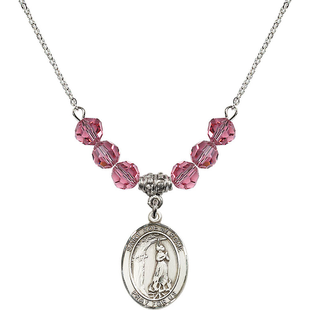 Sterling Silver Saint Zoe of Rome Birthstone Necklace with Rose Beads - 8314