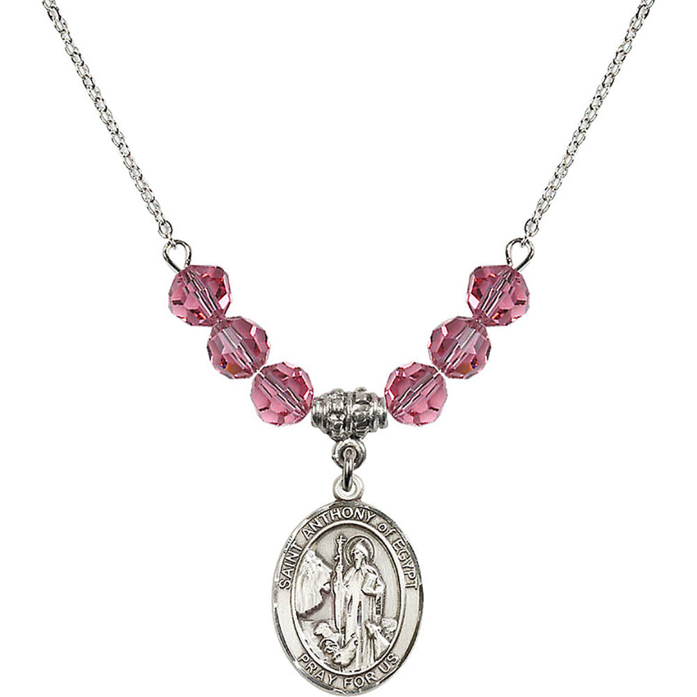 Sterling Silver Saint Anthony of Egypt Birthstone Necklace with Rose Beads - 8317