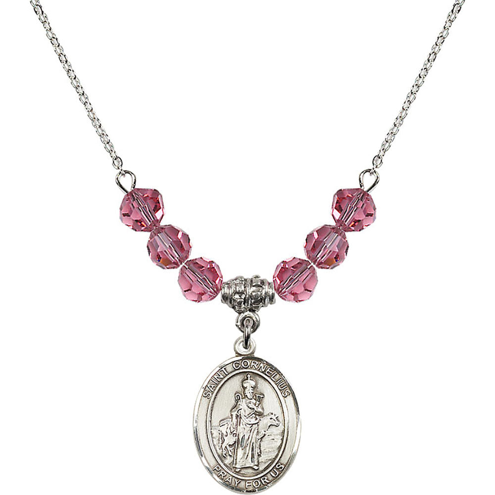 Sterling Silver Saint Cornelius Birthstone Necklace with Rose Beads - 8325