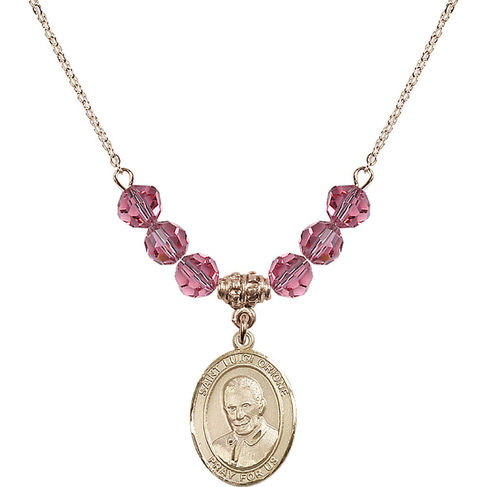 14kt Gold Filled Saint Luigi Orione Birthstone Necklace with Rose Beads - 8326