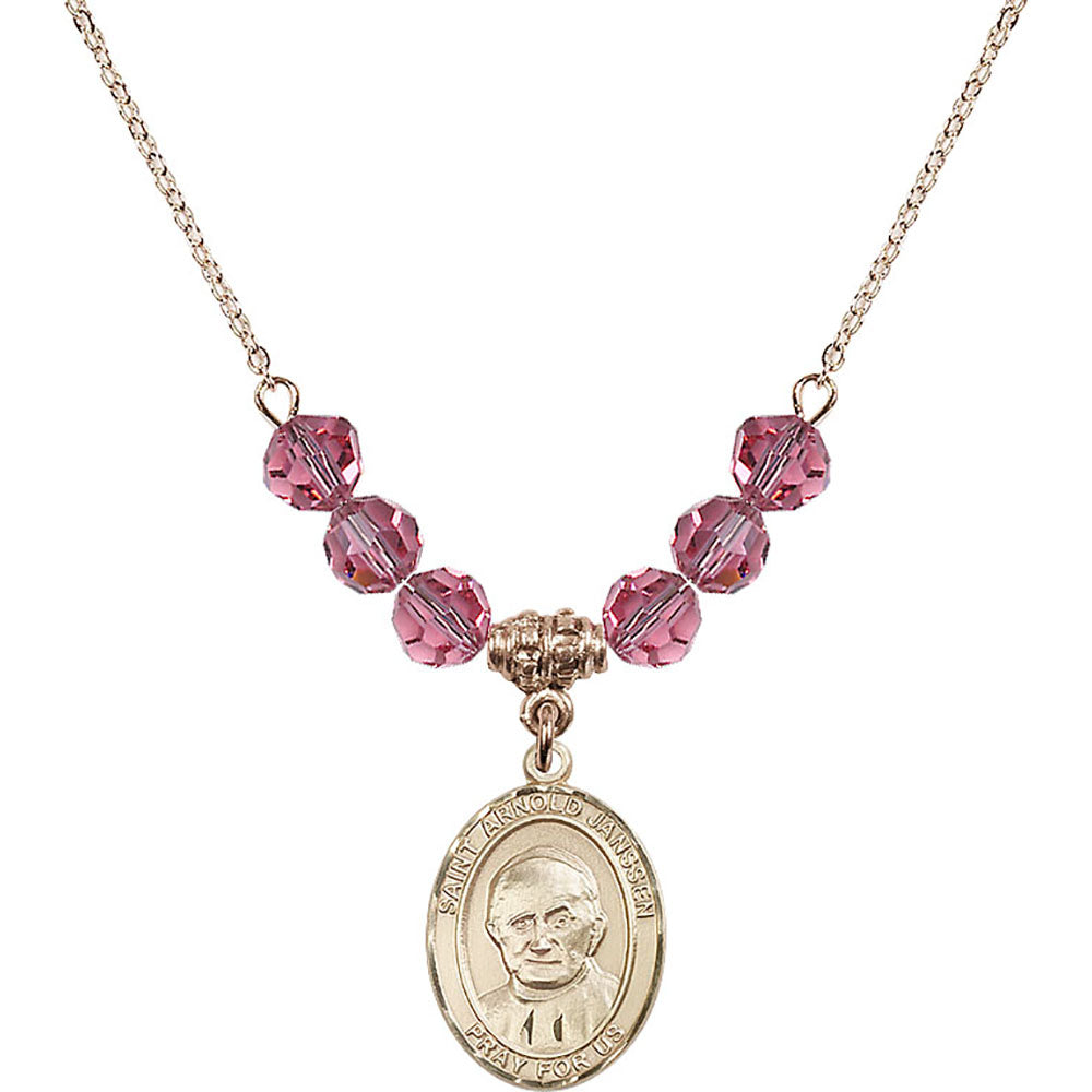 14kt Gold Filled Saint Arnold Janssen Birthstone Necklace with Rose Beads - 8328