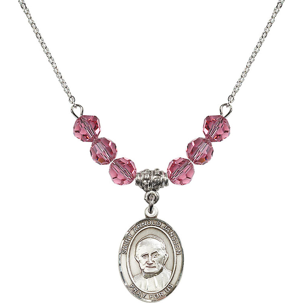 Sterling Silver Saint Arnold Janssen Birthstone Necklace with Rose Beads - 8328