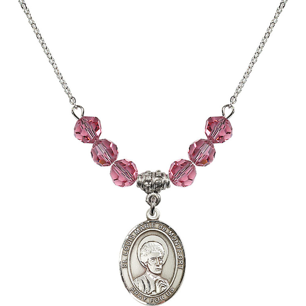 Sterling Silver Saint Louis Marie de Montfort Birthstone Necklace with Rose Beads - 8330