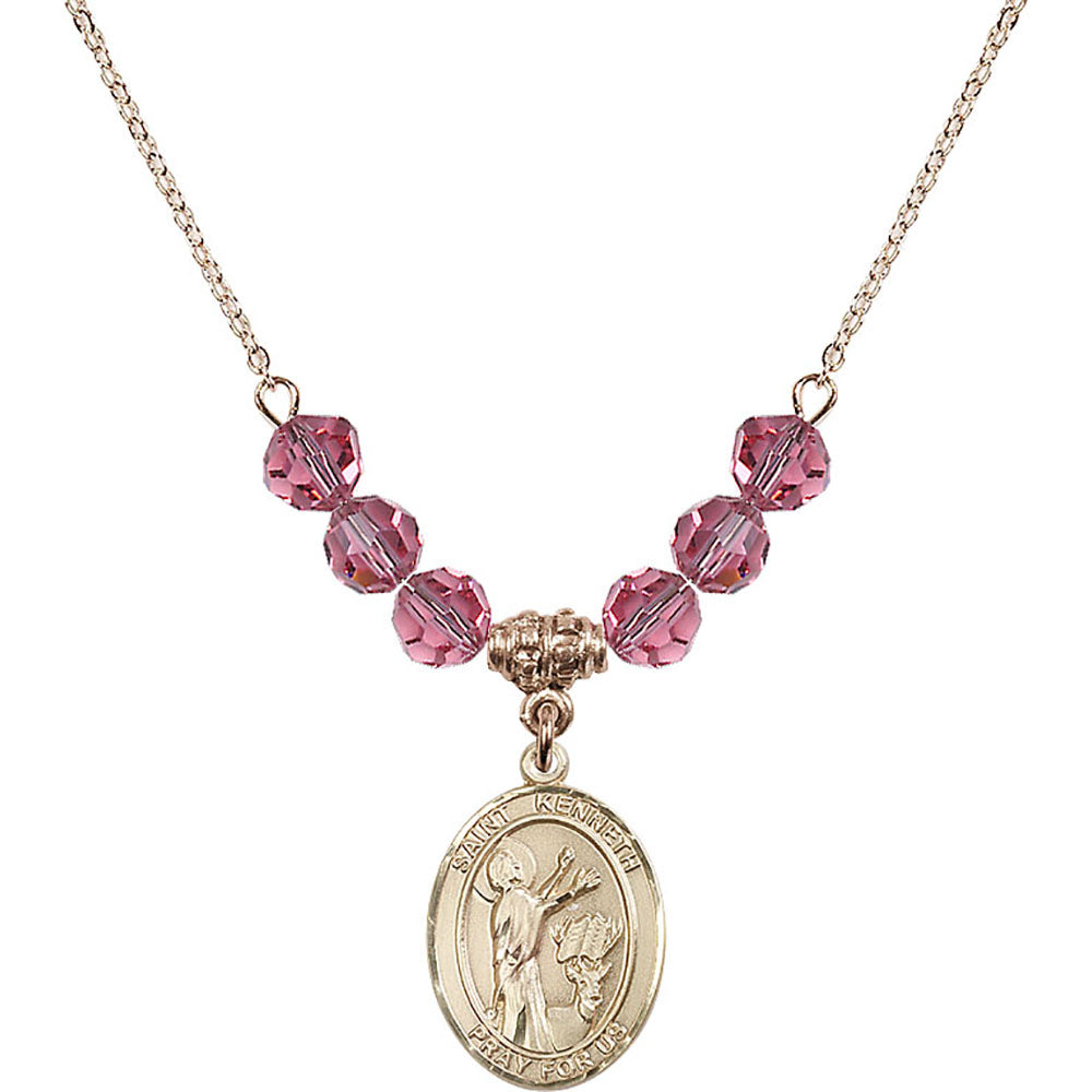 14kt Gold Filled Saint Kenneth Birthstone Necklace with Rose Beads - 8332