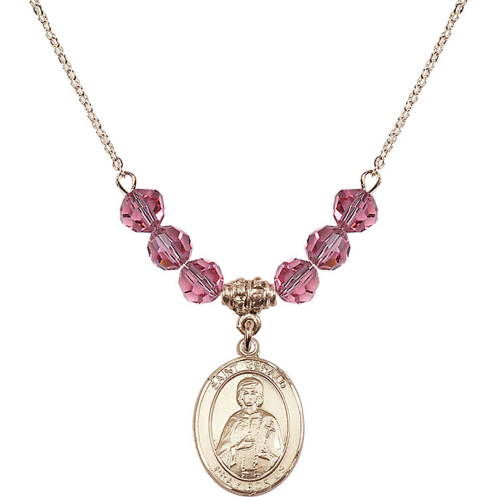 14kt Gold Filled Saint Gerald Birthstone Necklace with Rose Beads - 8404