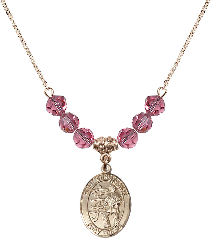 14kt Gold Filled Saint Christopher / Karate Birthstone Necklace with Rose Beads - 8515
