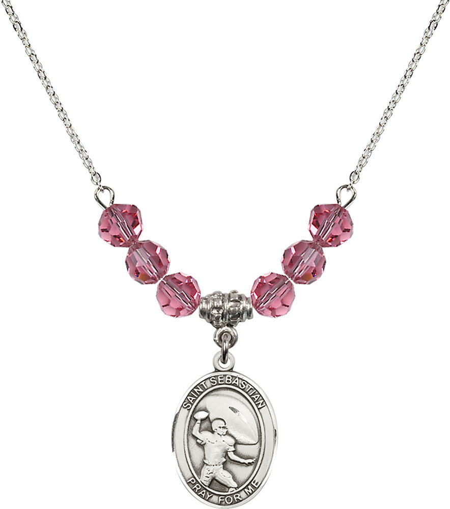 Sterling Silver Saint Sebastian / Football Birthstone Necklace with Rose Beads - 8601