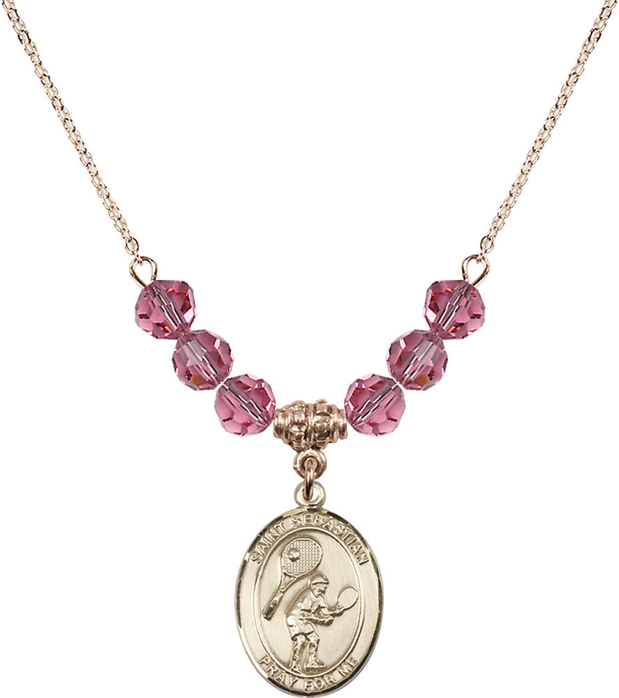 14kt Gold Filled Saint Sebastian / Tennis Birthstone Necklace with Rose Beads - 8605