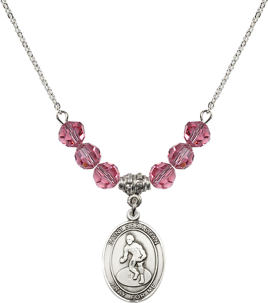 Sterling Silver Saint Sebastian/Wrestling Birthstone Necklace with Rose Beads - 8608