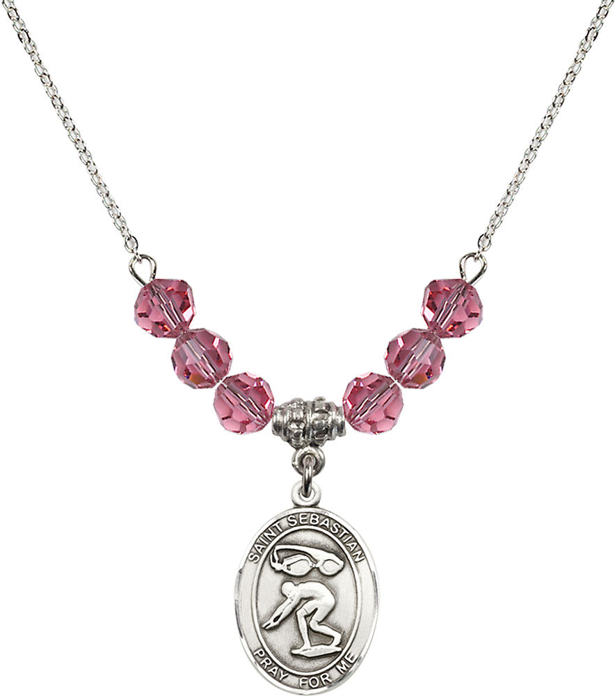 Sterling Silver Saint Sebastian/Swimming Birthstone Necklace with Rose Beads - 8611