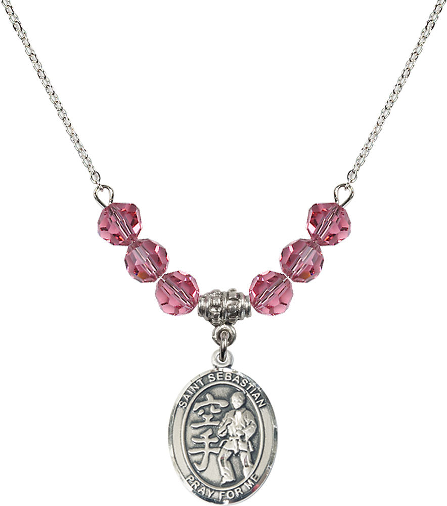Sterling Silver Saint Sebastian/Karate Birthstone Necklace with Rose Beads - 8615