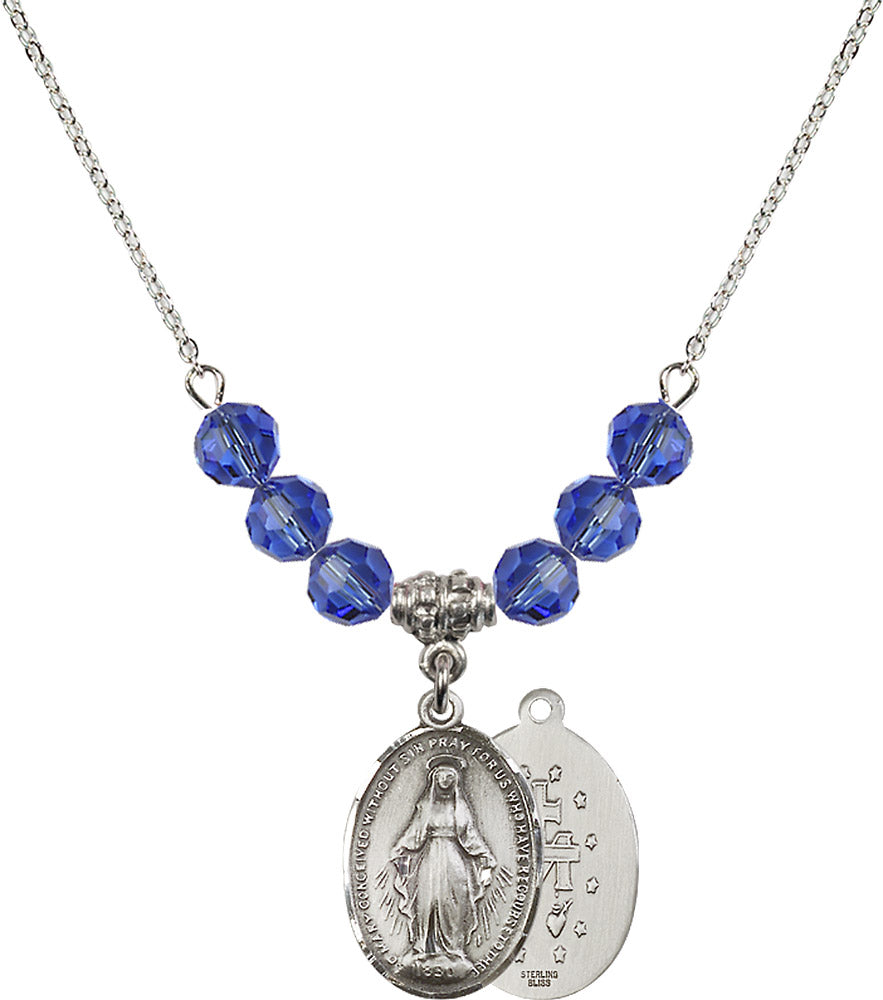 Sterling Silver Miraculous Birthstone Necklace with Sapphire Beads - 0015