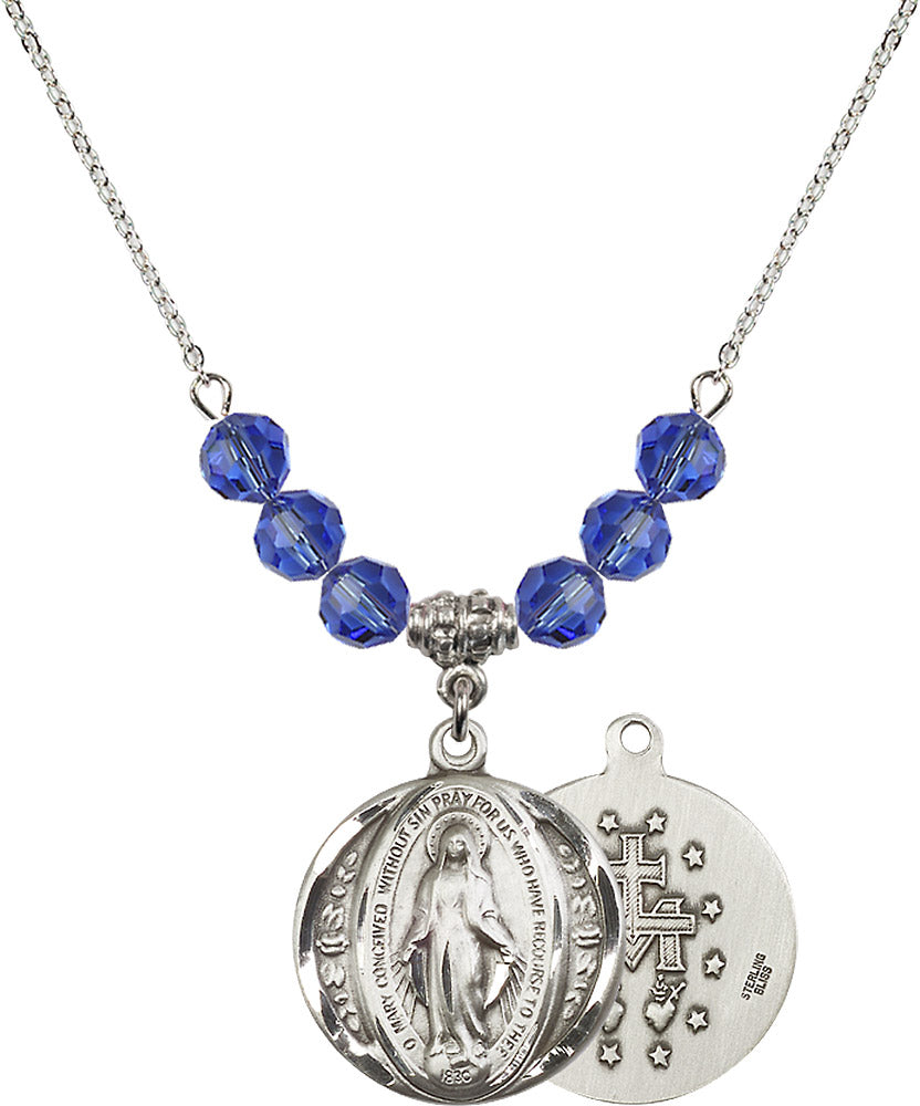 Sterling Silver Miraculous Birthstone Necklace with Sapphire Beads - 0017