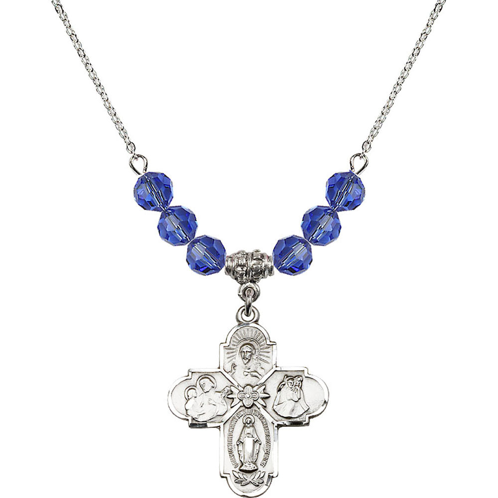 Sterling Silver 4-Way Birthstone Necklace with Sapphire Beads - 0043