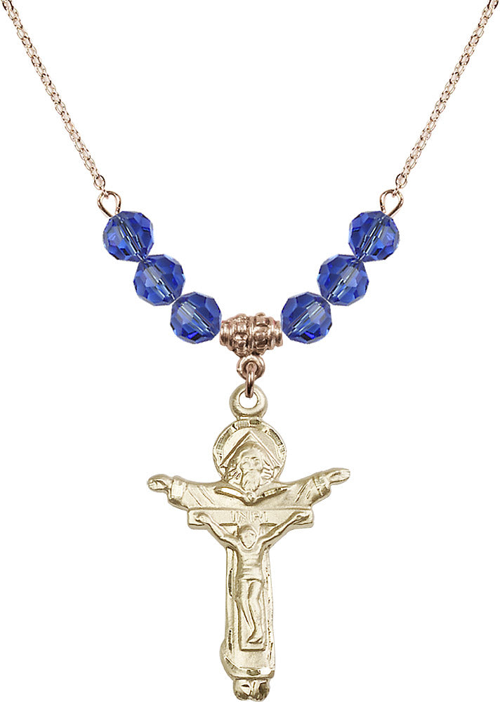 14kt Gold Filled Trinity Crucifix Birthstone Necklace with Sapphire Beads - 0065