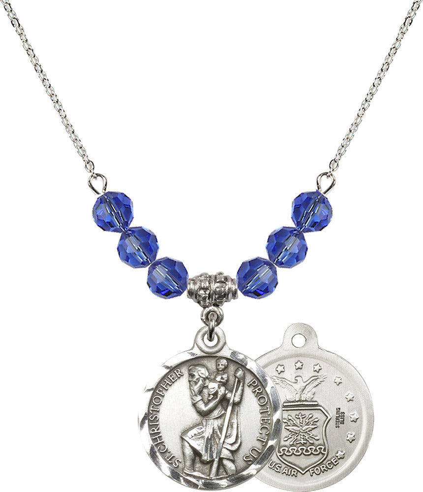 Sterling Silver Saint Christopher / Air Force Birthstone Necklace with Sapphire Beads - 0192