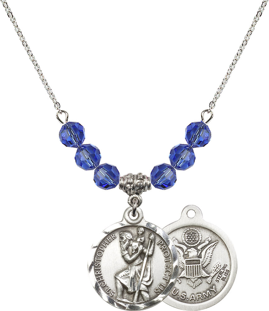 Sterling Silver Saint Christopher / Army Birthstone Necklace with Sapphire Beads - 0192