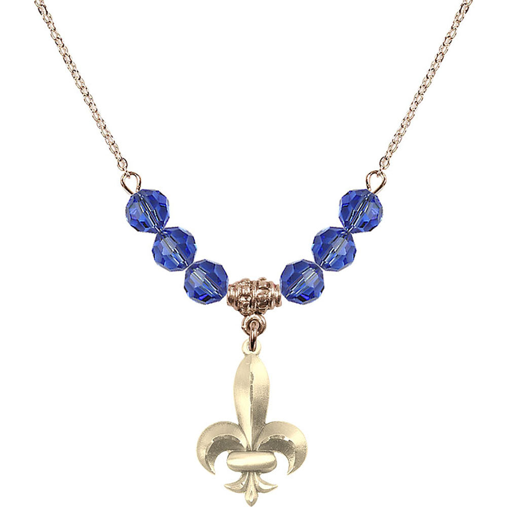 14kt Gold Filled Fleur de Lis Birthstone Necklace with Sapphire Beads - 0294
