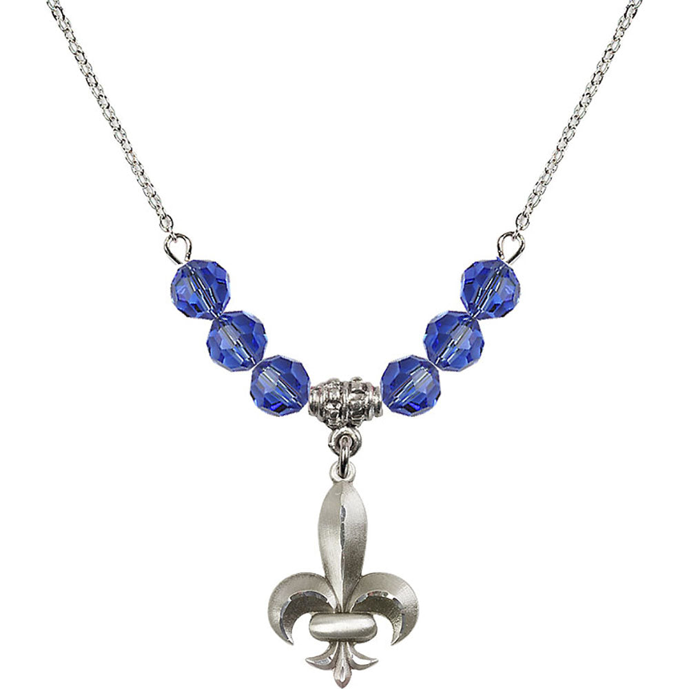 Sterling Silver Fleur de Lis Birthstone Necklace with Sapphire Beads - 0294
