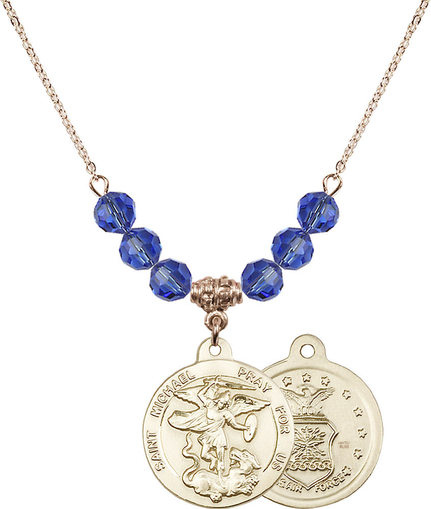 14kt Gold Filled Saint Michael / Air Force Birthstone Necklace with Sapphire Beads - 0342