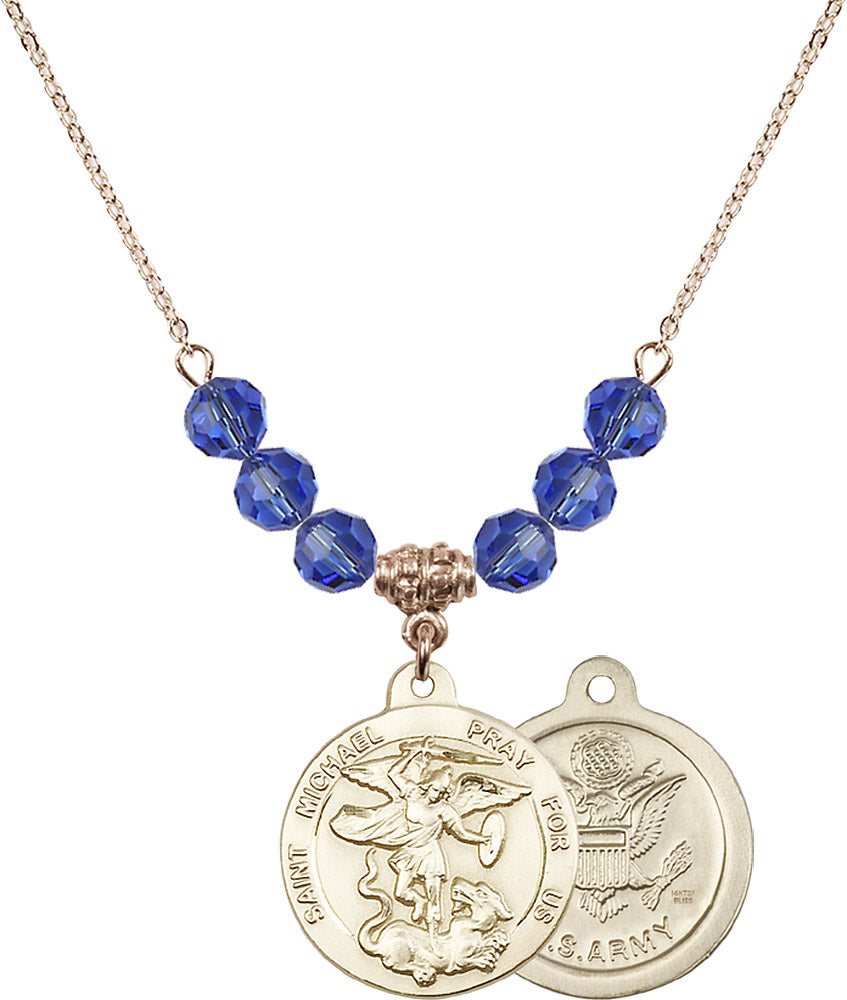 14kt Gold Filled Saint Michael / Army Birthstone Necklace with Sapphire Beads - 0342