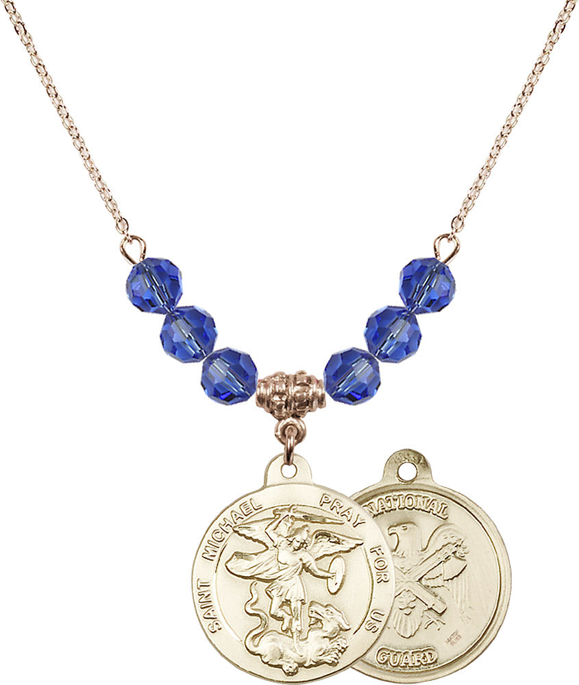 14kt Gold Filled Saint Michael / Nat'l Guard Birthstone Necklace with Sapphire Beads - 0342
