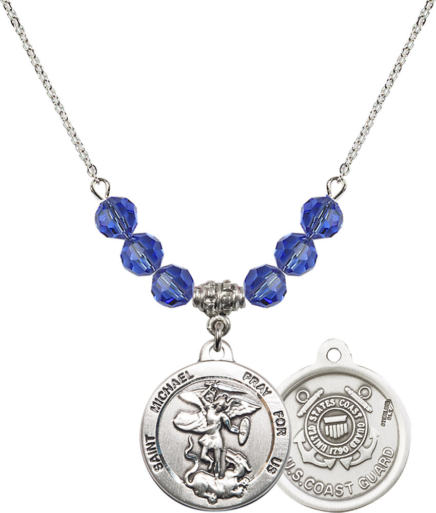 Sterling Silver Saint Michael / Coast Guard Birthstone Necklace with Sapphire Beads - 0342