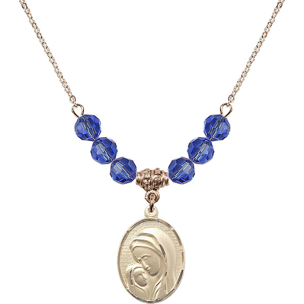 14kt Gold Filled Madonna & Child Birthstone Necklace with Sapphire Beads - 0447