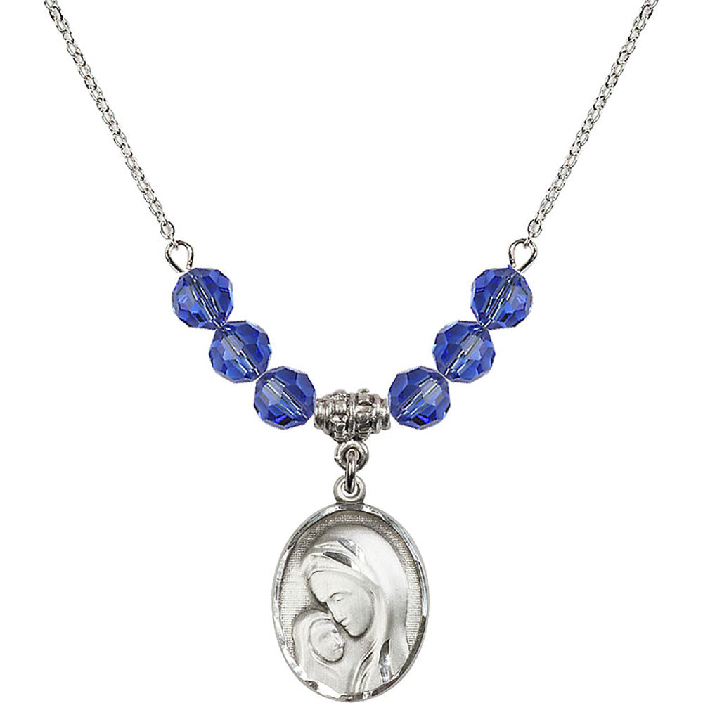 Sterling Silver Madonna & Child Birthstone Necklace with Sapphire Beads - 0447