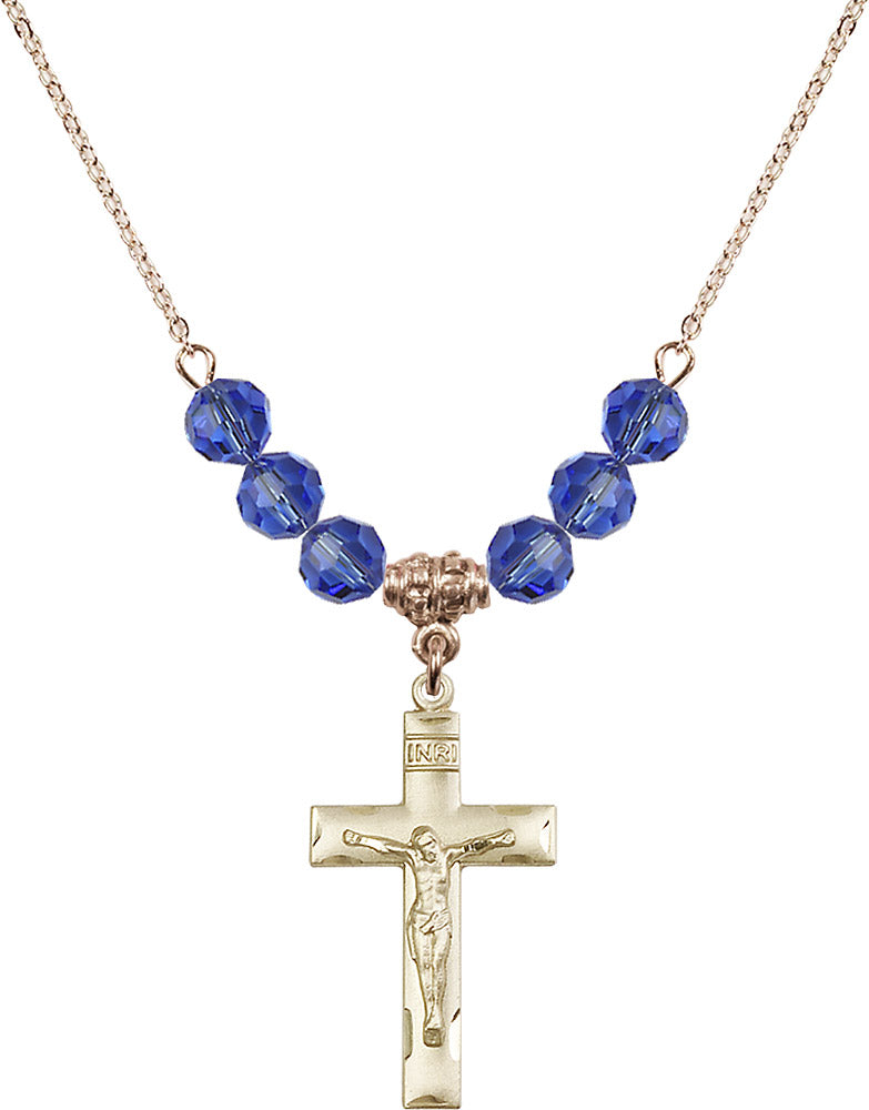 14kt Gold Filled Crucifix Birthstone Necklace with Sapphire Beads - 0624