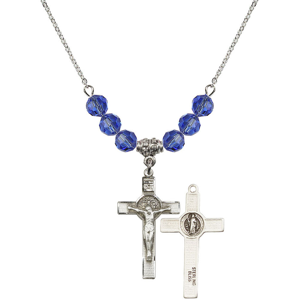 Sterling Silver Saint Benedict Crucifix Birthstone Necklace with Sapphire Beads - 0625