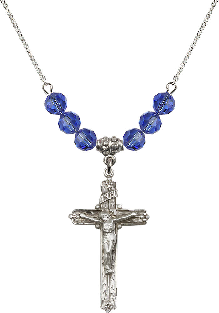Sterling Silver Crucifix Birthstone Necklace with Sapphire Beads - 0655