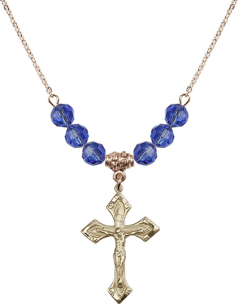 14kt Gold Filled Crucifix Birthstone Necklace with Sapphire Beads - 0663