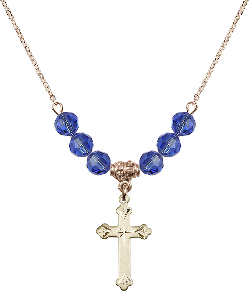 14kt Gold Filled Cross Birthstone Necklace with Sapphire Beads - 0667