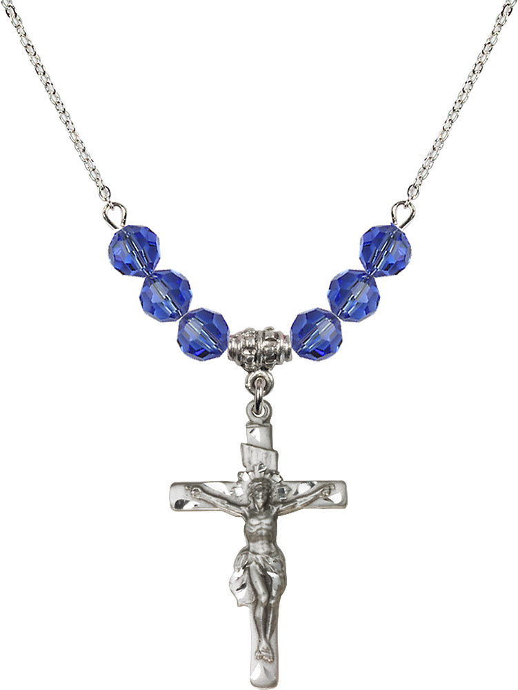 Sterling Silver Crucifix Birthstone Necklace with Sapphire Beads - 0668