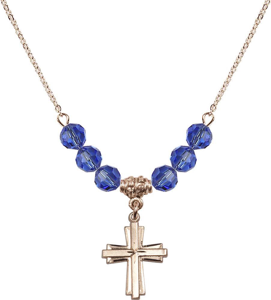 14kt Gold Filled Cross Birthstone Necklace with Sapphire Beads - 0675