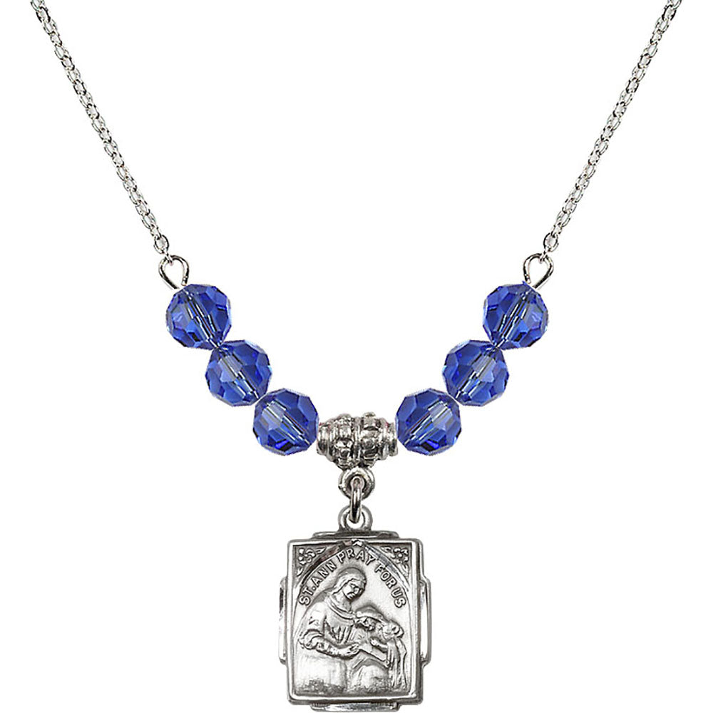 Sterling Silver Saint Ann Birthstone Necklace with Sapphire Beads - 0804
