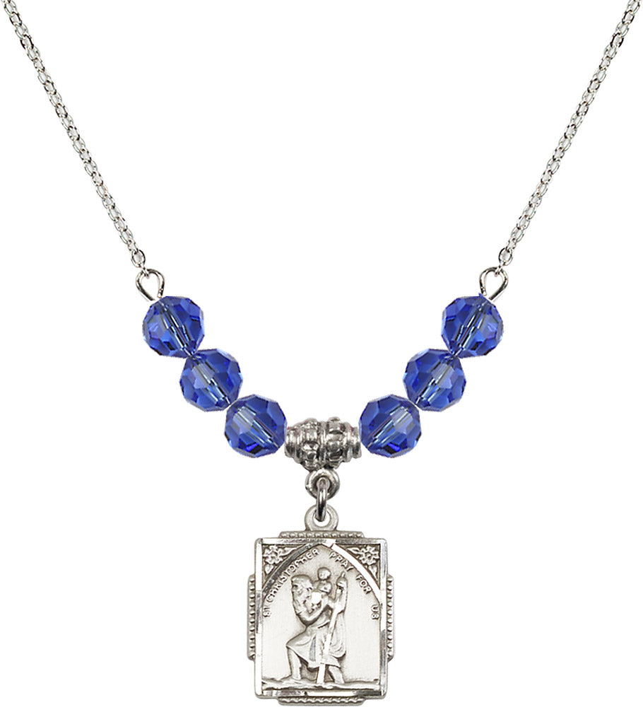 Sterling Silver Saint Christopher Birthstone Necklace with Sapphire Beads - 0804