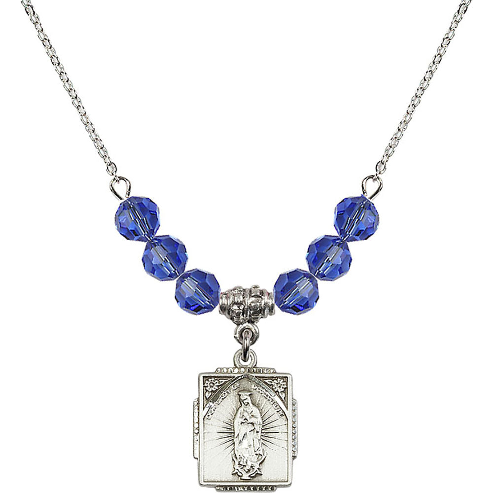 Sterling Silver Our Lady of Guadalupe Birthstone Necklace with Sapphire Beads - 0804