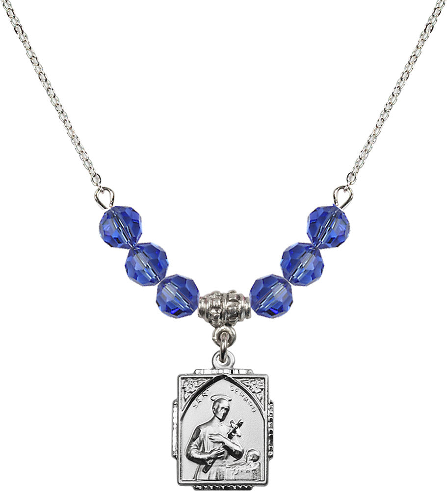Sterling Silver Saint Gerard Birthstone Necklace with Sapphire Beads - 0804