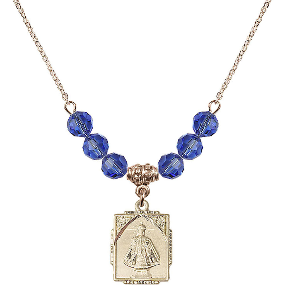 14kt Gold Filled Infant of Prague Birthstone Necklace with Sapphire Beads - 0804