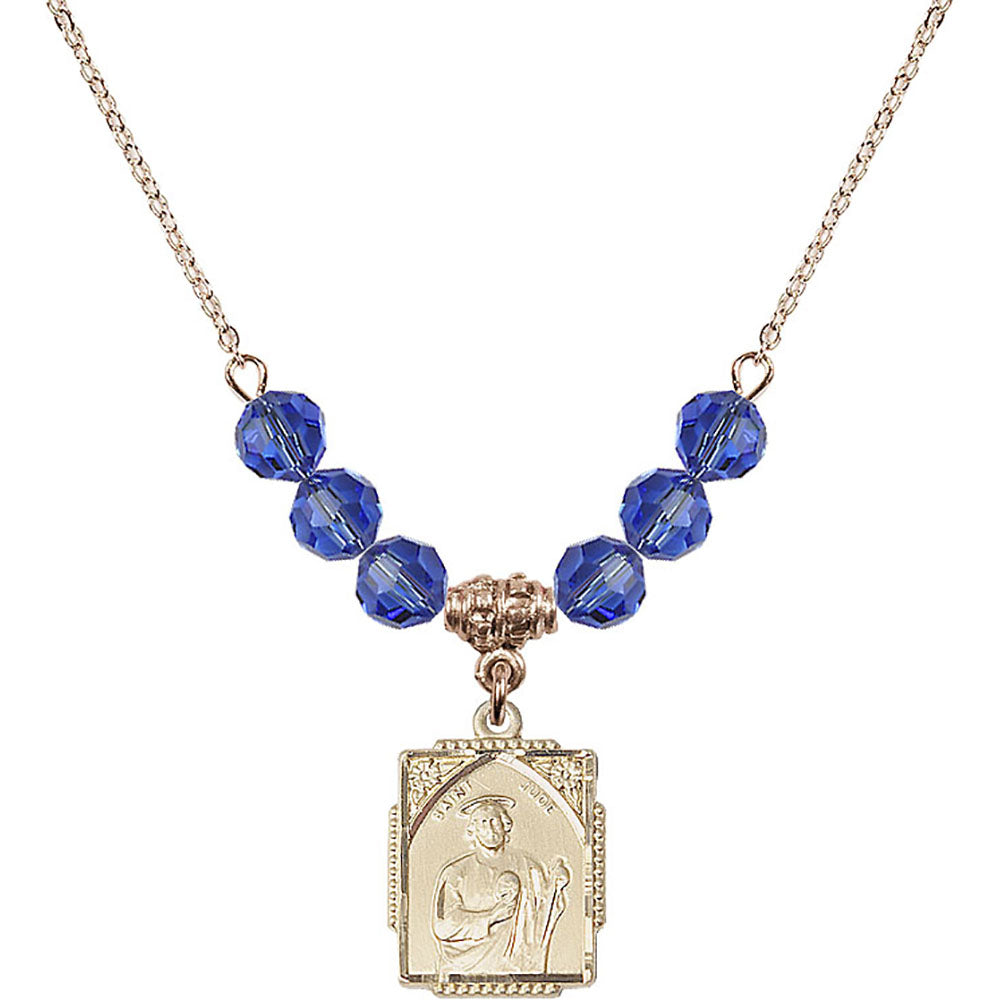 14kt Gold Filled Saint Jude Birthstone Necklace with Sapphire Beads - 0804